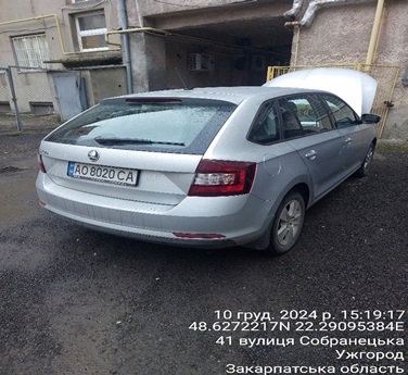 Автомобіль SKODA, модель SPACEBACK, легковий загальний хетчбек-В, рік випуску 2018, сірого кольору, номер державної реєстрації  AO8020СА, номер кузова TMBEC2NH1KB100221. Основні засоби в кількості 15 одиниць.